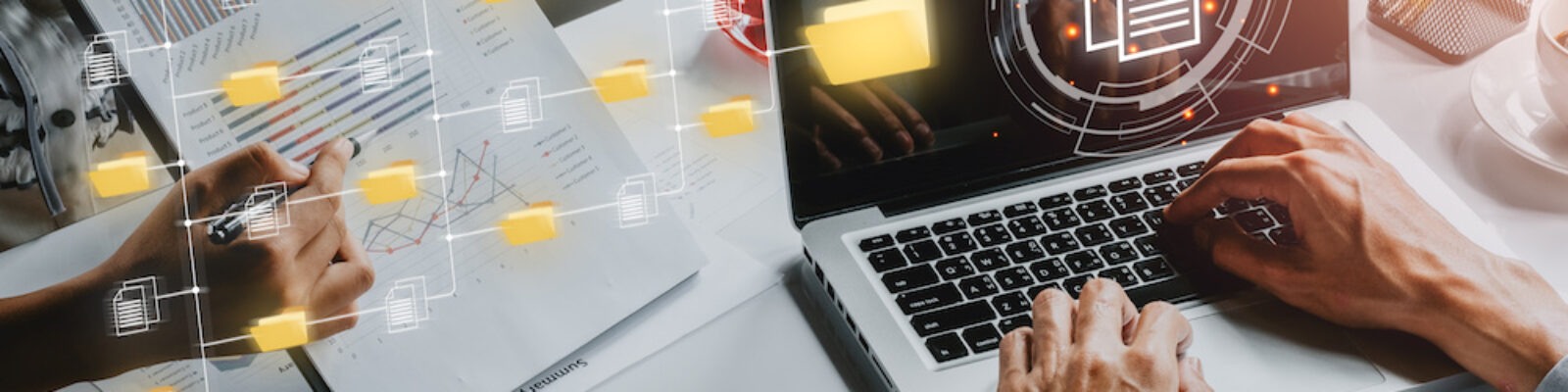 Document management system concept, Business team working on laptop computer document management system (DMS), Virtual online documentation database and process automation to efficiently manage files.