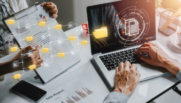 Document management system concept, Business team working on laptop computer document management system (DMS), Virtual online documentation database and process automation to efficiently manage files.